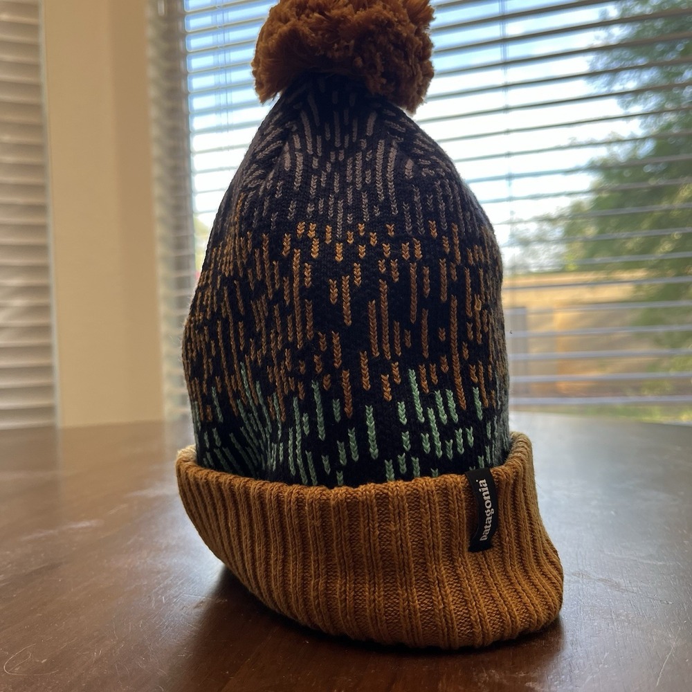 Patagonia Hat Beanie Mens One Size Blue Yellow Striped Pom Winter Knit STY29187
